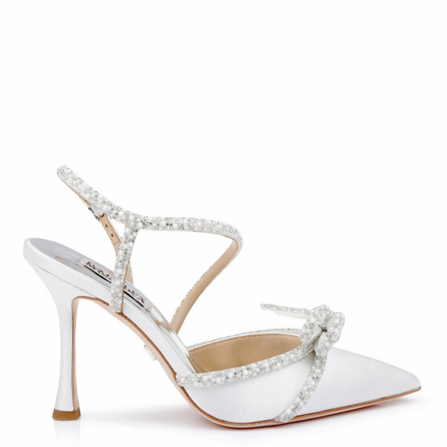 Badgley Mischka Elaine - Satin Pointed Stiletto Heels With Pearl & Crystal Bow - Soft White White