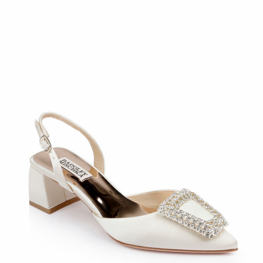 Badgley Mischka Emmie - Pointed Toe Block Heel Slingback With Crystal Buckle - Ivory Ivory