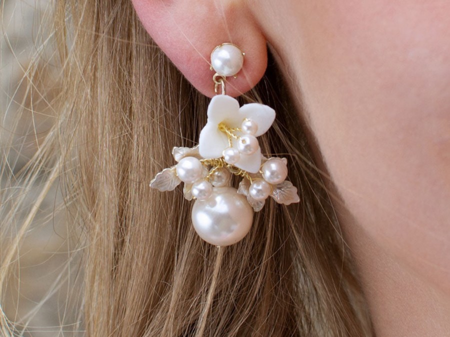 Windsor Bridal Giselle - Cluster Pearl Flower Bridal Drop Earrings Gold