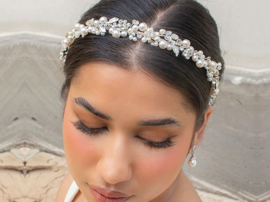 Windsor Bridal Amelia - Pearl Crystal Delicate Floral Bridal Headband Silver