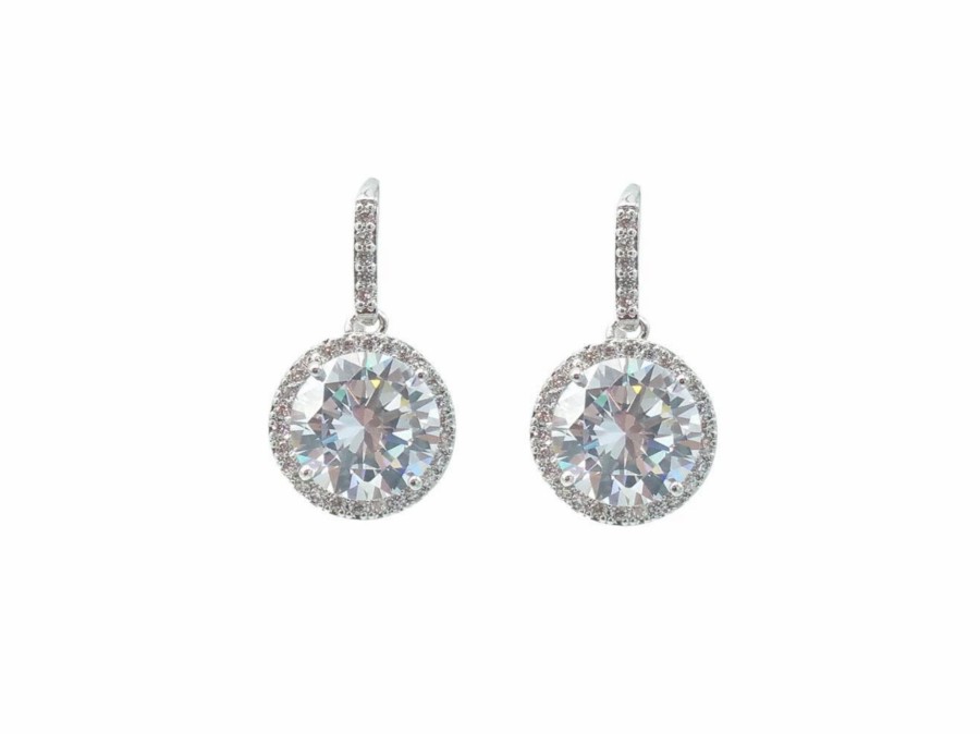 The White Collection Lucy - Round Crystal Simple Bridal Drop Earrings Silver