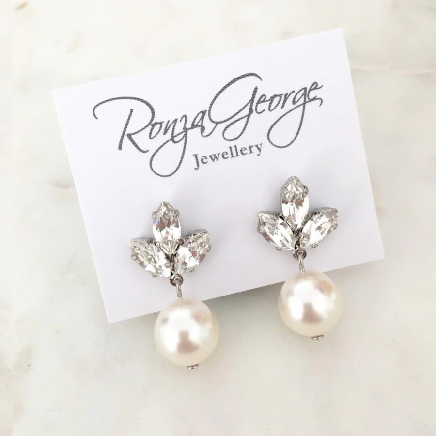 Ronza George Anastasia Pearl - Silver Crystal Bridal Pearl Drop Earrings Silver