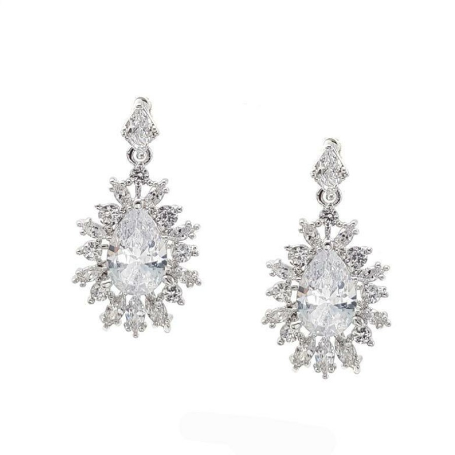 The White Collection Renee - Intricate Crystal Bridal Drop Earrings Silver