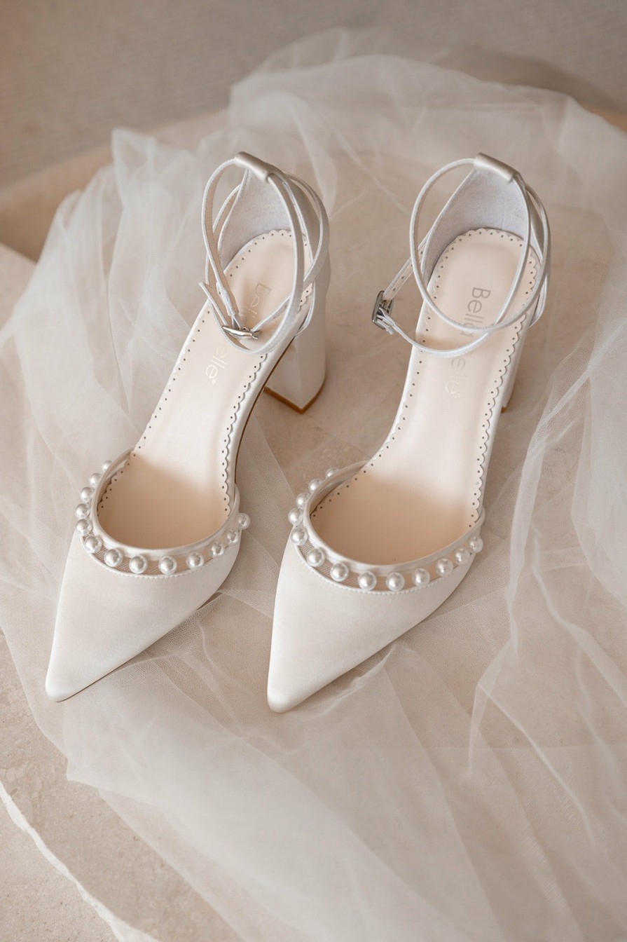 Bella Belle Emery - Ivory Pearl Double Ankle Strap Bridal Block Heels Mid Heel