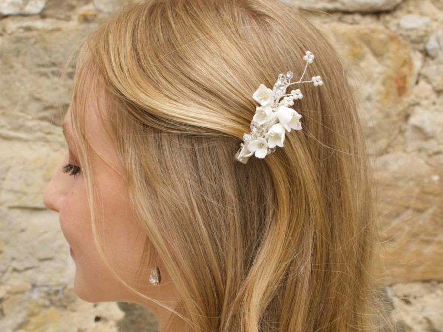 Windsor Bridal Millicent - Dainty Porcelain Flower Pearl Bridal Hair Clip Silver