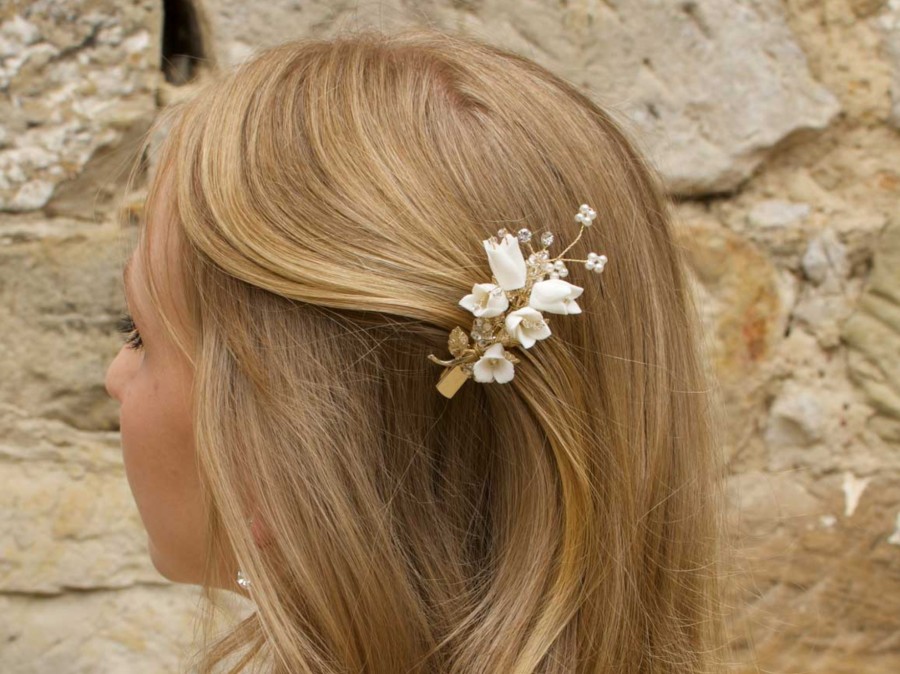 Windsor Bridal Millicent - Dainty Porcelain Flower Pearl Bridal Hair Clip Silver