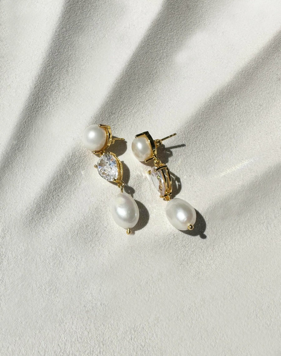 Lola Knight Lola Knight - Celine - Double Pearl And Crystal Drop Earrings - Gold Gold