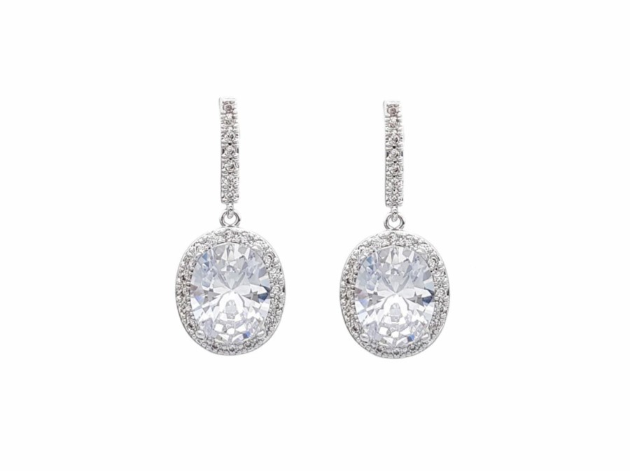 The White Collection Genevieve - Crystal Oval Bridal Drop Earrings Silver