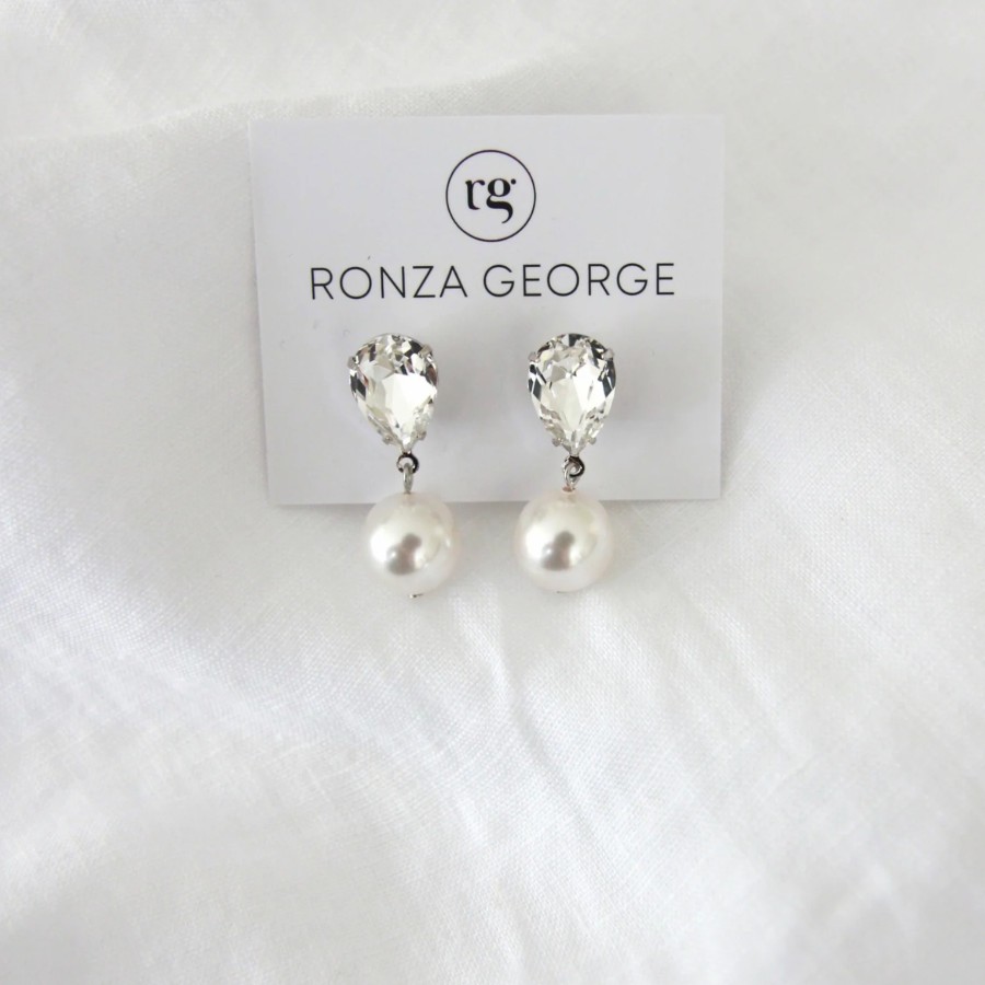 Ronza George Ramina Pearl - Silver Swarovski Crystal And Pearl Bridal Drop Earrings Silver