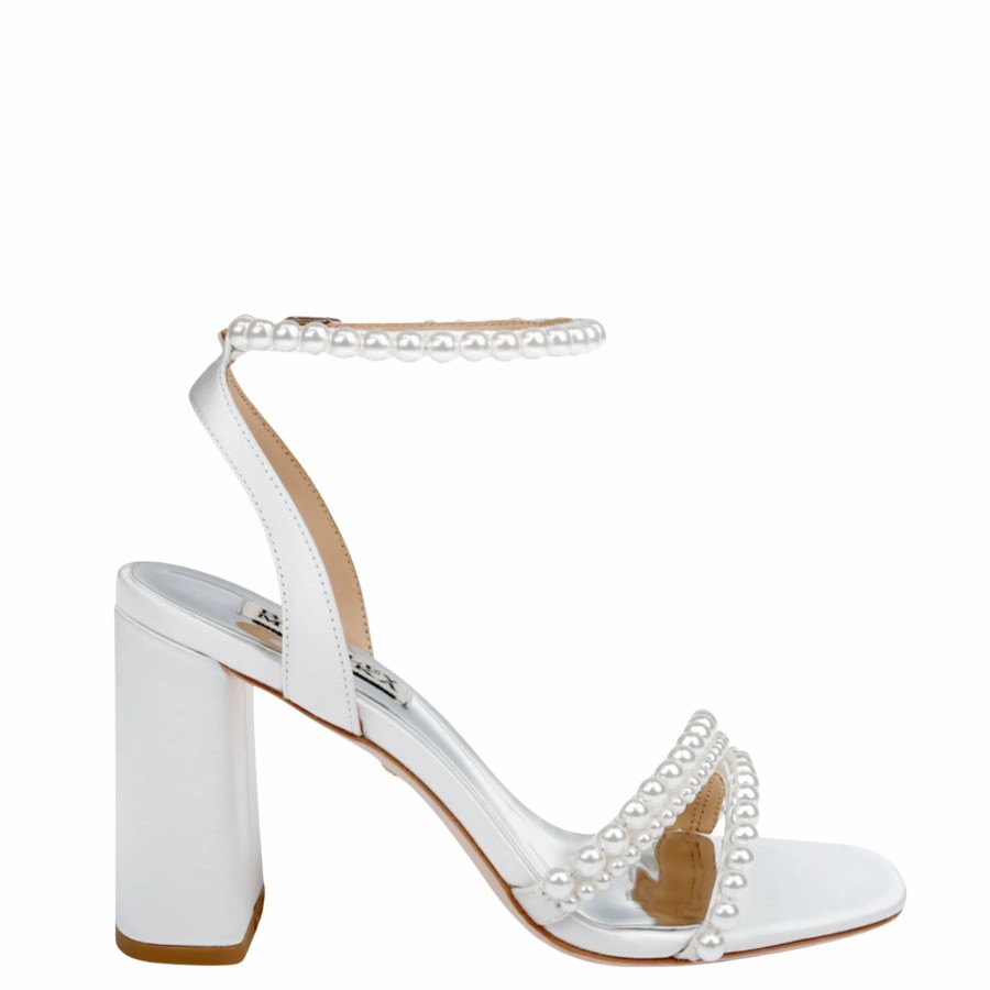 Badgley Mischka Feisty - Open Toe Strappy Pearl Block Heel - Soft White White