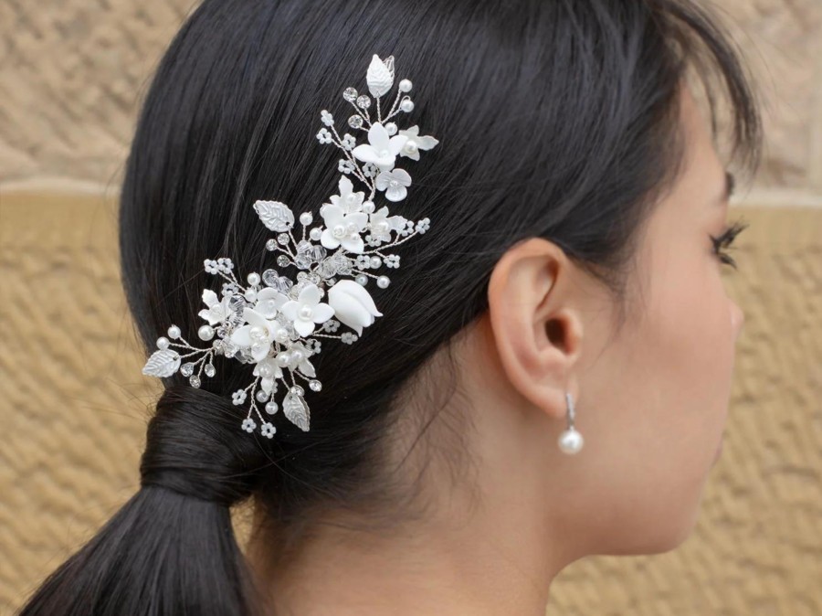 Windsor Bridal Harper - Porcelain Flower Pearl Bridal Hair Clip Silver