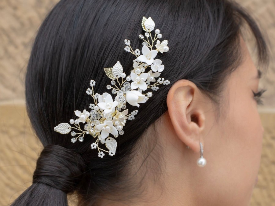 Windsor Bridal Harper - Porcelain Flower Pearl Bridal Hair Clip Silver