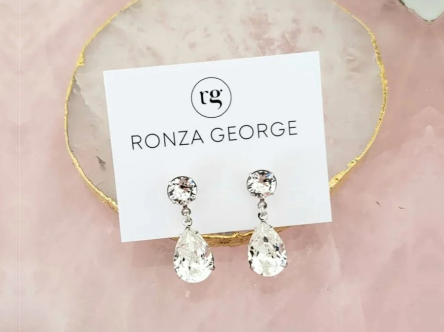 Ronza George Baby Pear - Small Silver Swarovski Bridal Drop Earrings Silver