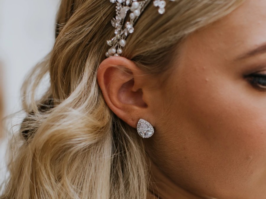 The White Collection Celestine - Classic Crystal Teardrop Bridal Stud Earrings Rose Gold