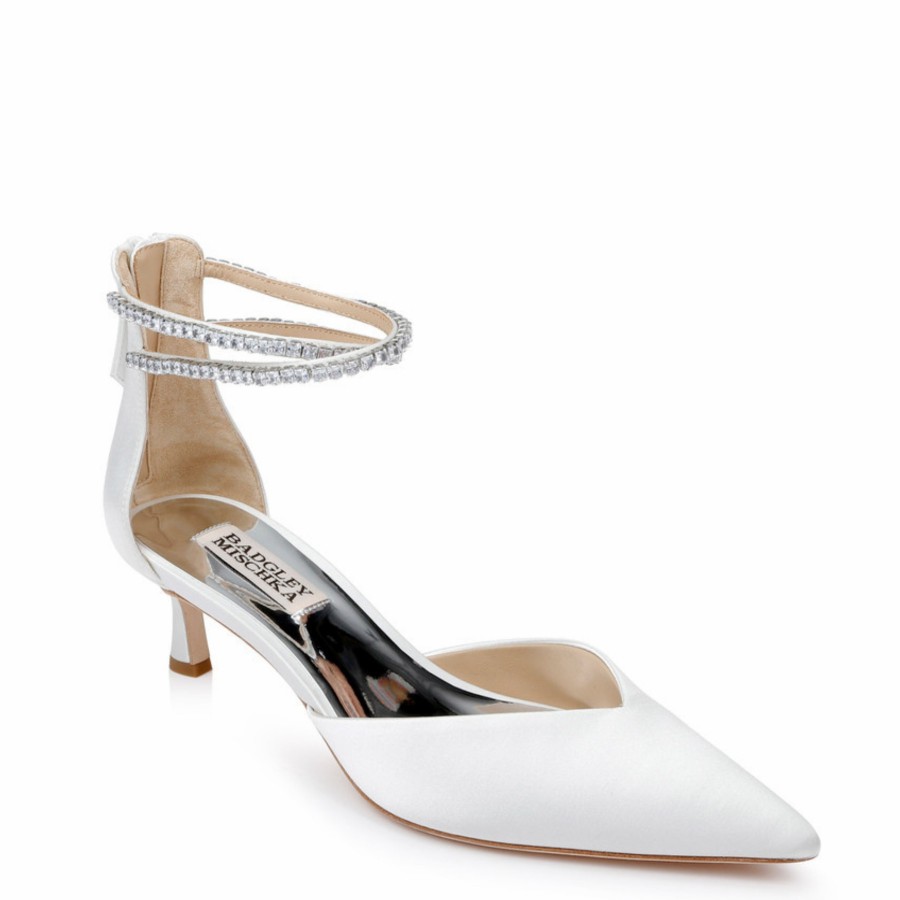 Badgley Mischka Lilibeth - Crystal-Embellished Dual-Strapped Kitten Heels - Soft White Low Heel