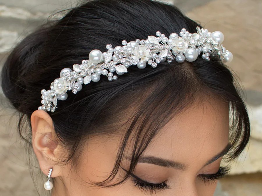 Windsor Bridal Layla - Pearl Crystal Floral Bridal Headband Silver