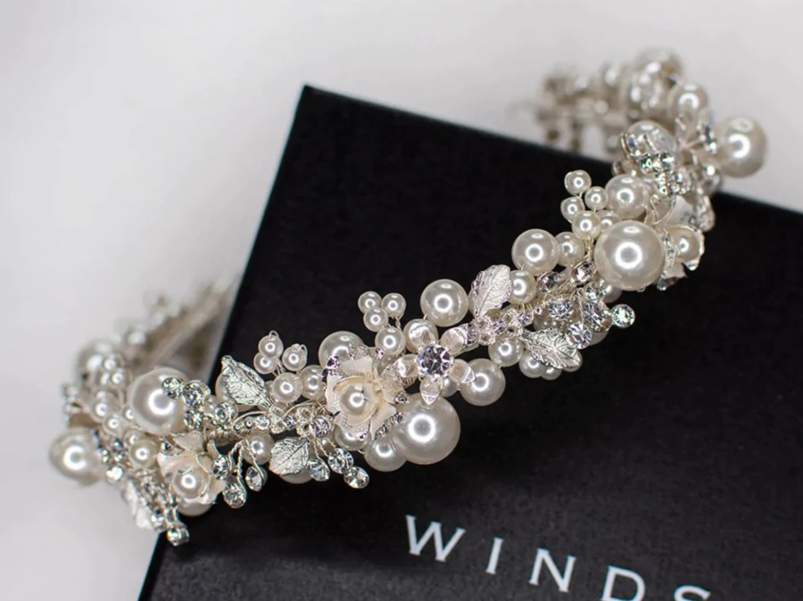 Windsor Bridal Layla - Pearl Crystal Floral Bridal Headband Silver