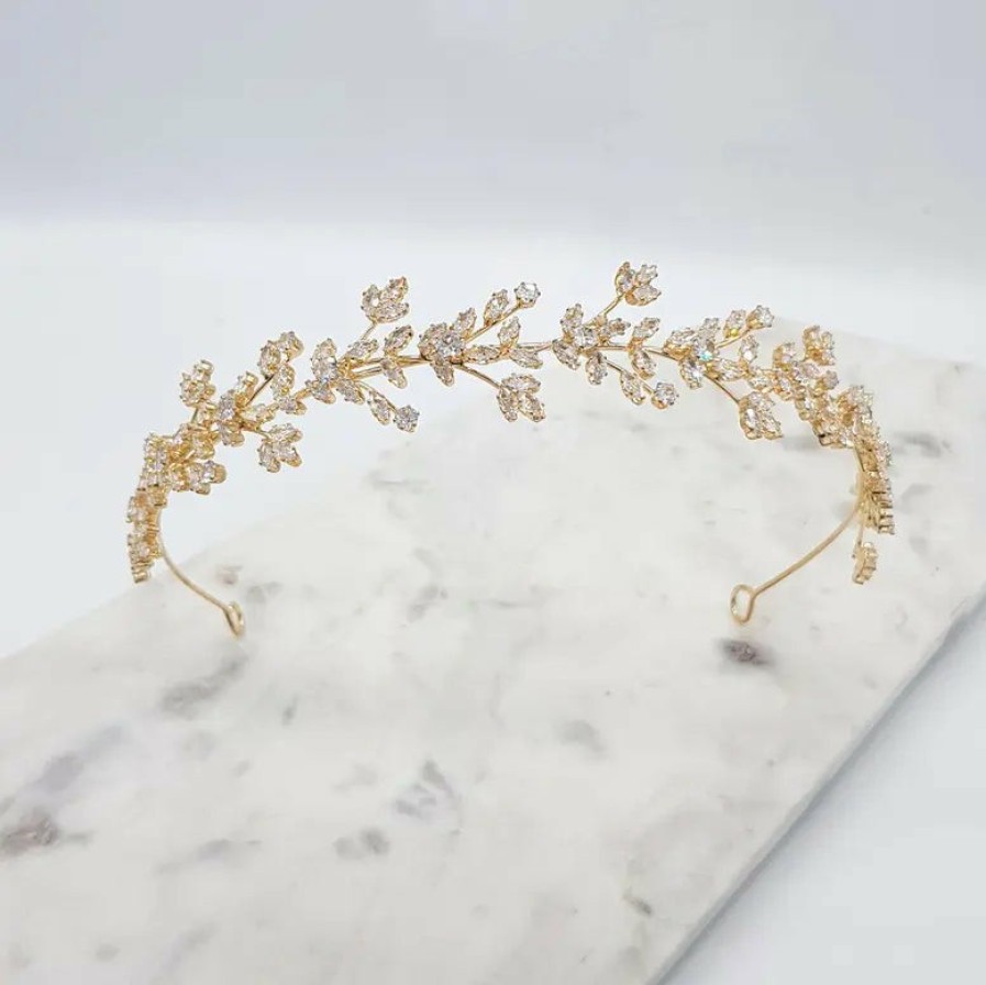 The White Collection Athena - Floral Crystal Bridal Headband Gold