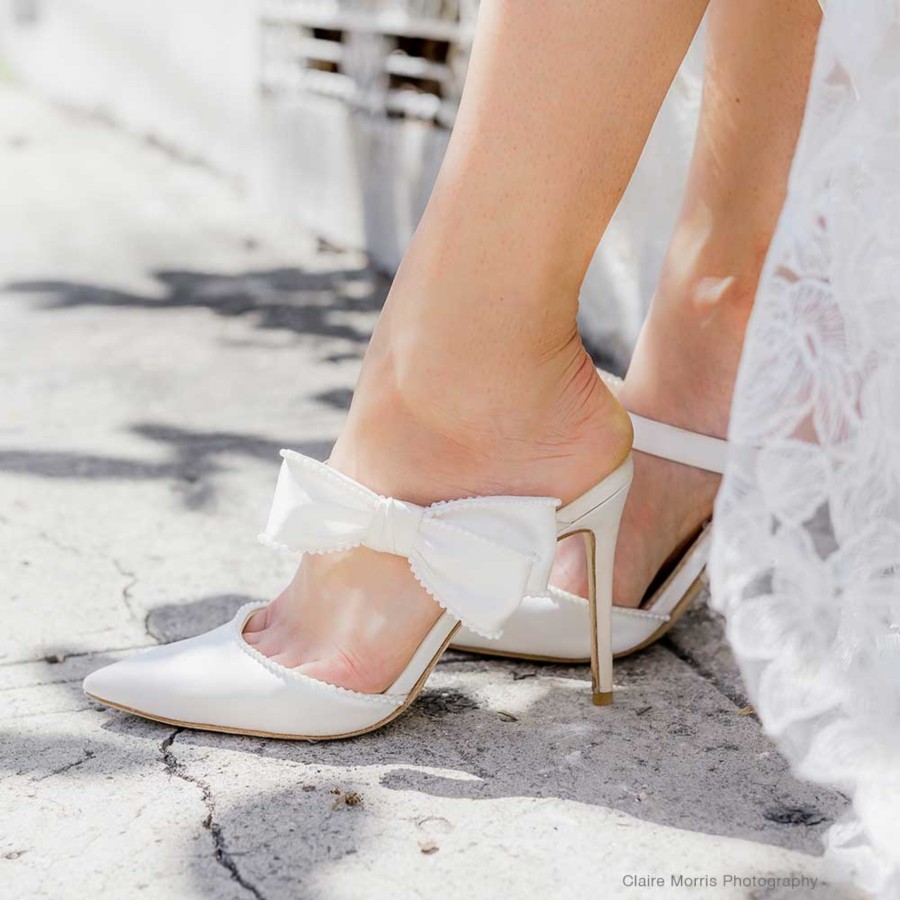 Bella Belle Brooklyn - Ivory Wedding Mules With Pearl Trimmed Bows High Heel