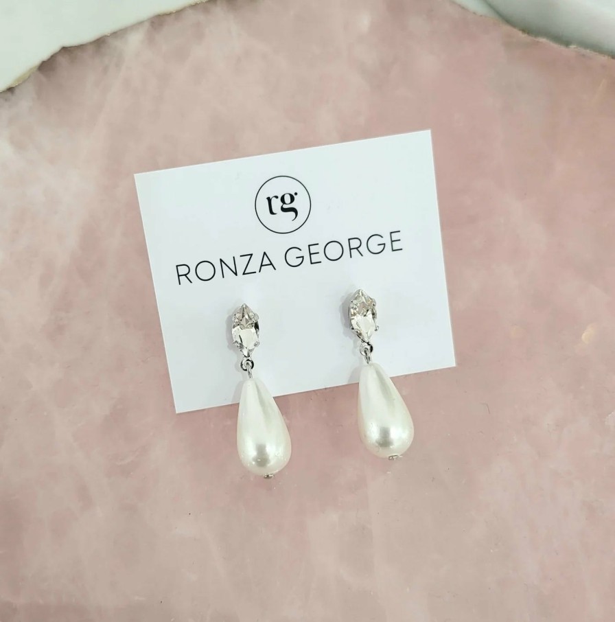 Ronza George Christina Pearl - Silver Swarovski Bridal Pearl Drop Earrings Swarovski