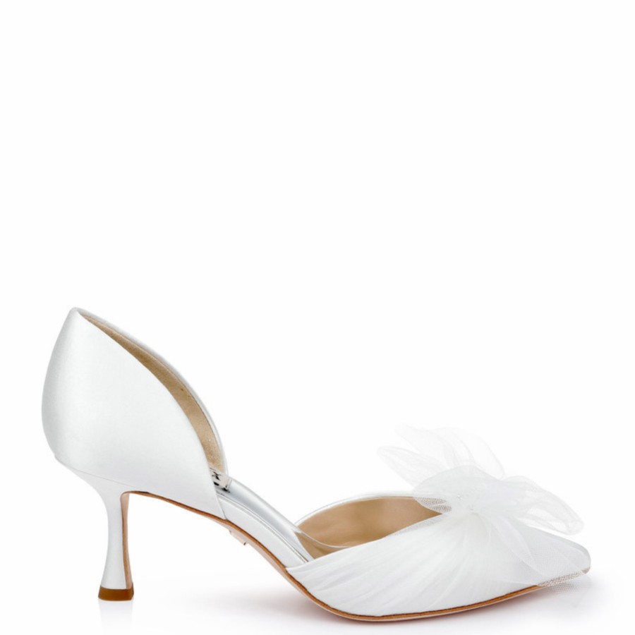 Badgley Mischka Festive - Pointed Toe Stiletto Bridal Pump With Tulle Bow - White Mid Heel