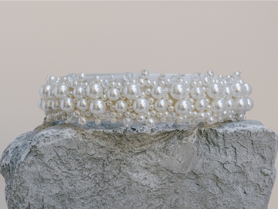 The White Collection Vanessa - Pearl Crystal Cluster Bridal Headband Pearl