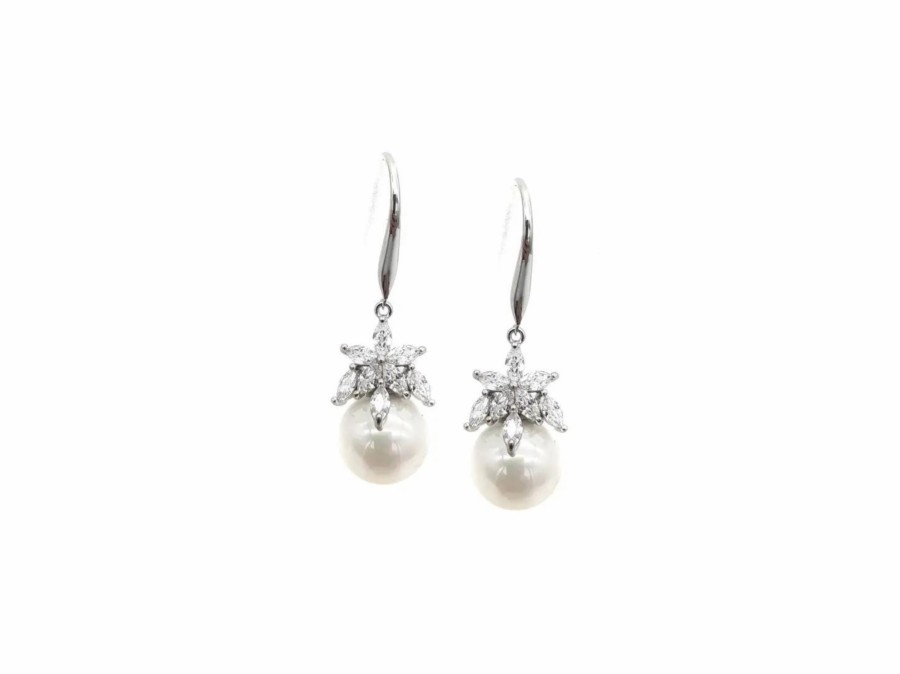 The White Collection Andrea - Pretty Crystal Pearl Bridal Drop Earrings Gold