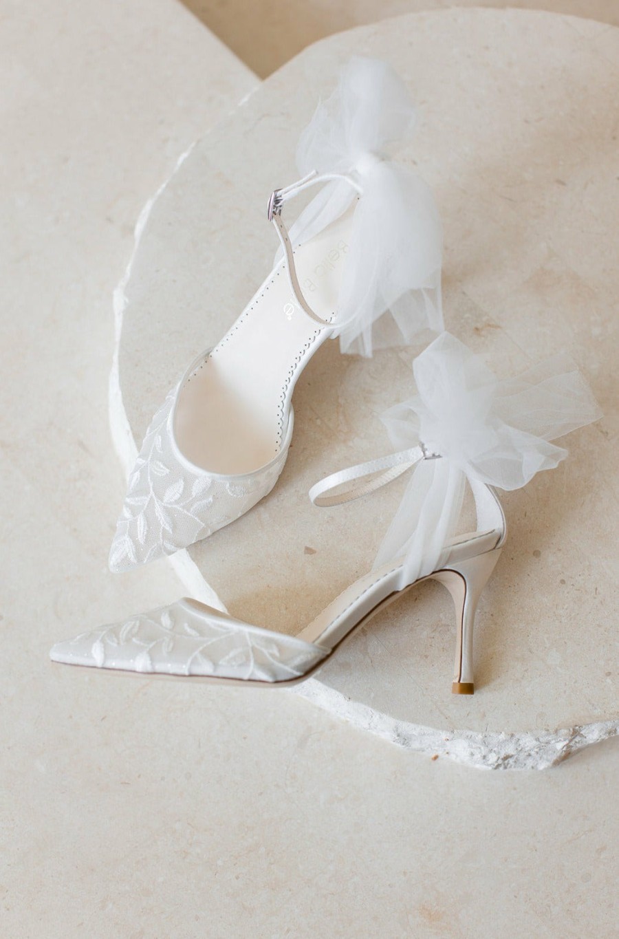 Bella Belle Joselyn - Vine Embroidered Ivory Lace Heels With Ankle Strap Tulle Bows High Heel