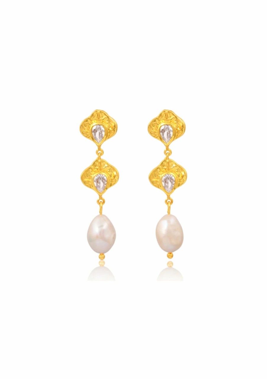 Lola Knight Lola Knight - Juliette - Pearl & Crystal Petal Shape Drop Earrings - 18K Gold Gold