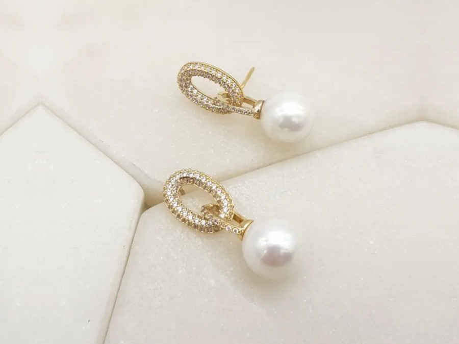 The White Collection Chloe - Modern Pave Crystal Pearl Bridal Drop Earrings Silver