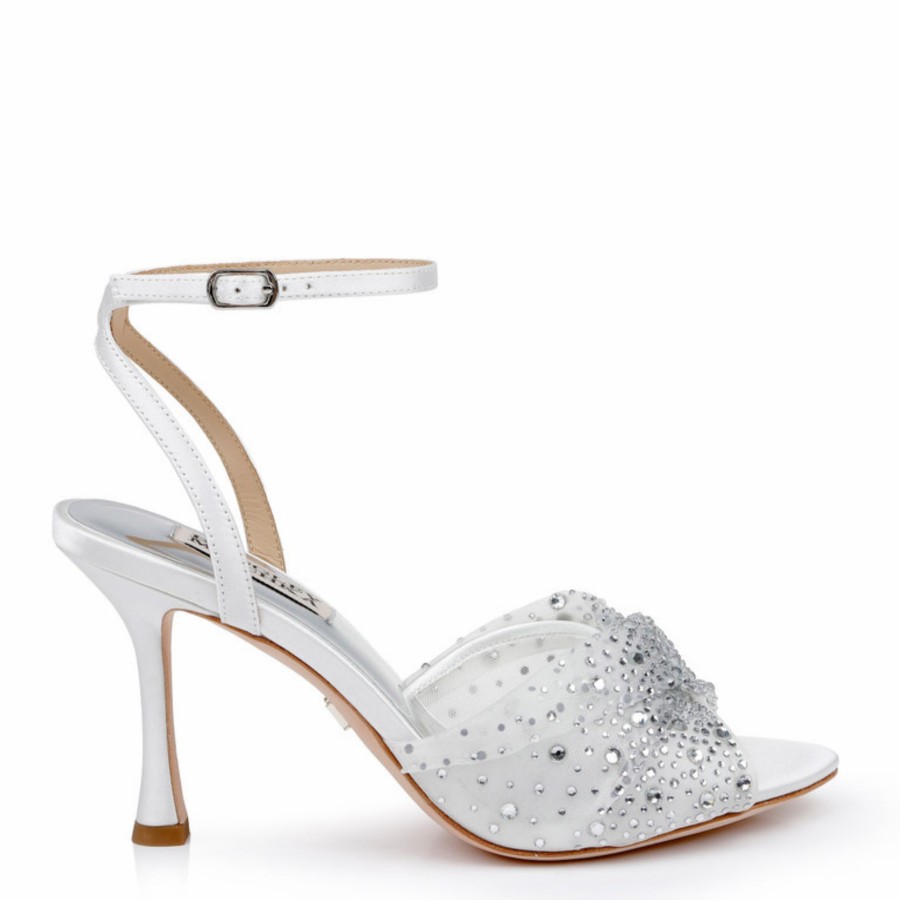 Badgley Mischka Cameryn - Satin Peep-Toe Stiletto With Crystal-Embellished Mesh Overlay - Soft White White