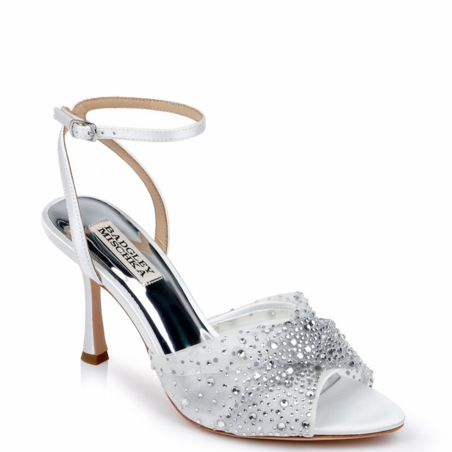 Badgley Mischka Cameryn - Satin Peep-Toe Stiletto With Crystal-Embellished Mesh Overlay - Soft White White