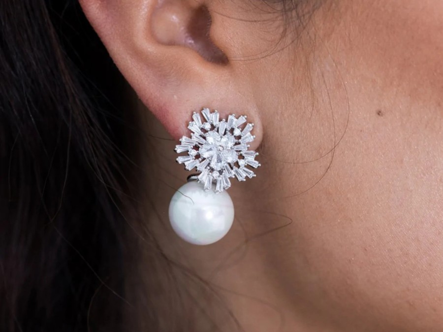 The White Collection Ivy - Statement Crystal Pearl Bridal Stud Earrings Silver