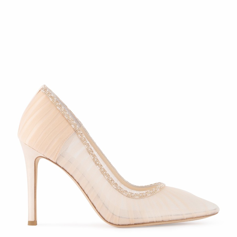 Bella Belle Emmaline - Crystal Embellished Pleated Tulle Blush Sheer Pumps Nude