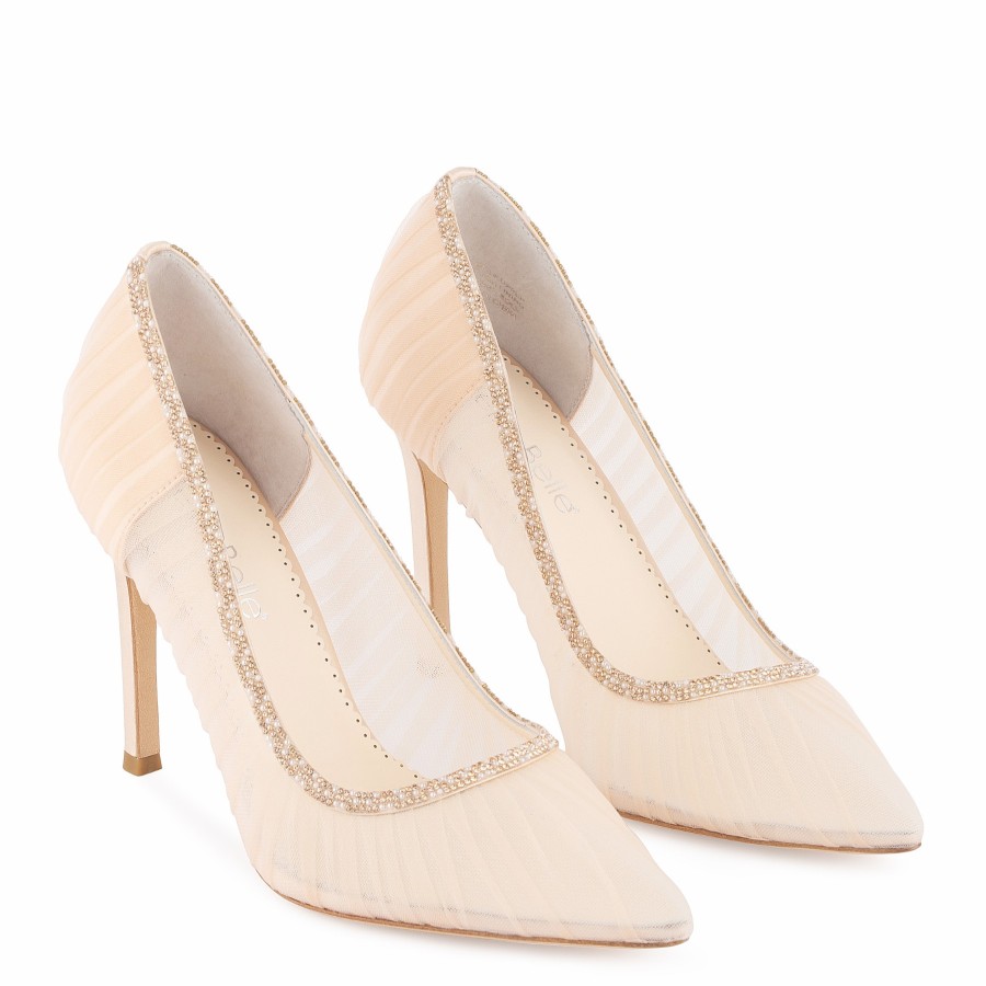 Bella Belle Emmaline - Crystal Embellished Pleated Tulle Blush Sheer Pumps Nude