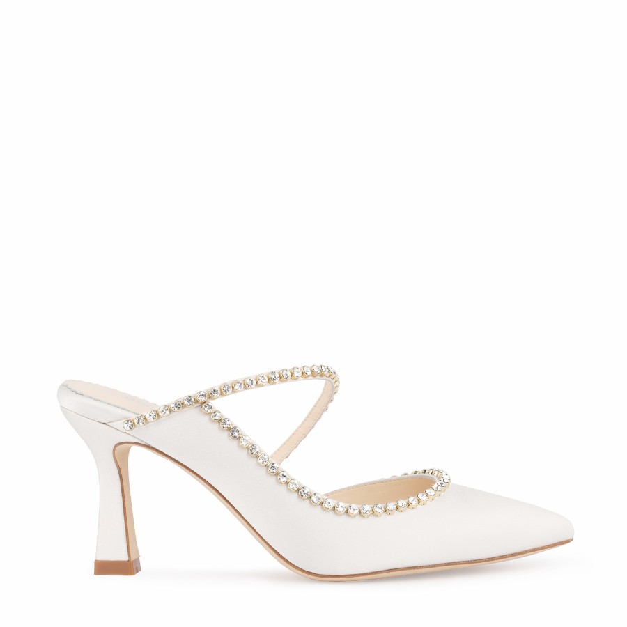 Bella Belle Hadley - Ivory Bridal Mules With Crystal Strap Mid Heel