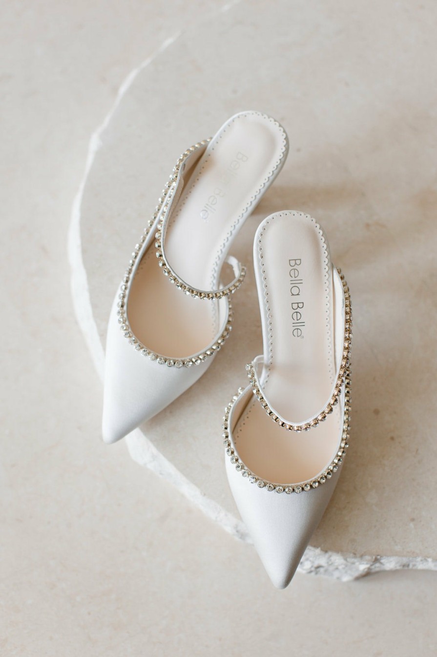 Bella Belle Hadley - Ivory Bridal Mules With Crystal Strap Mid Heel