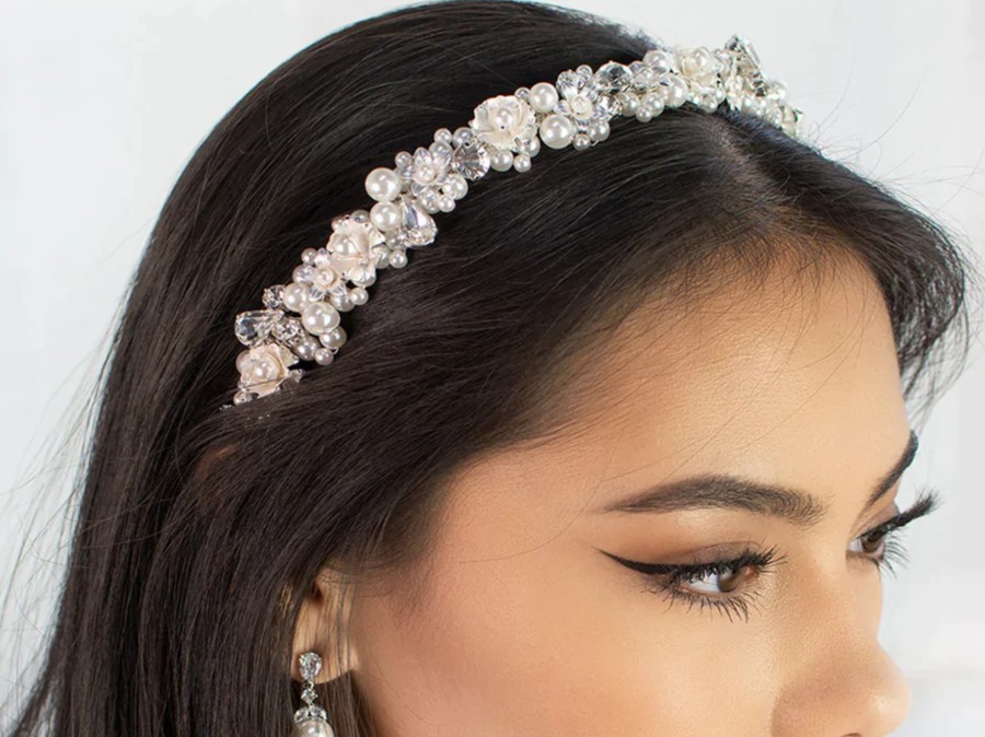 Windsor Bridal Kristy - Pearl Crystal Flowery Bridal Headband Silver