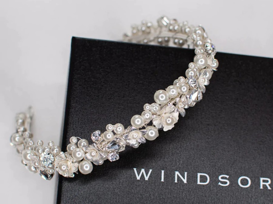 Windsor Bridal Kristy - Pearl Crystal Flowery Bridal Headband Silver