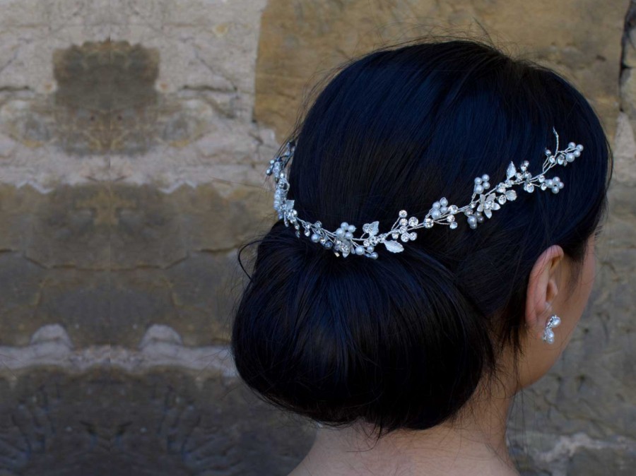 Windsor Bridal Iris - Crystal Floral & Pearl Bridal Hair Vine Silver