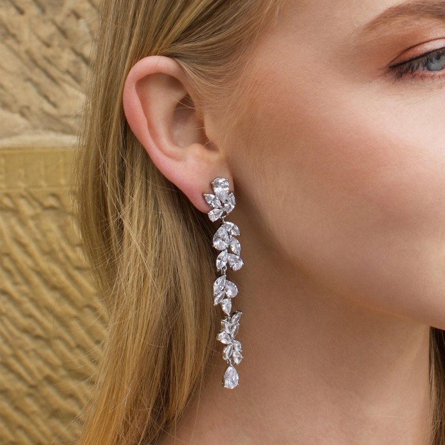 Windsor Bridal Claudine - Crystal Cluster Long Drop Bridal Earrings Rose Gold