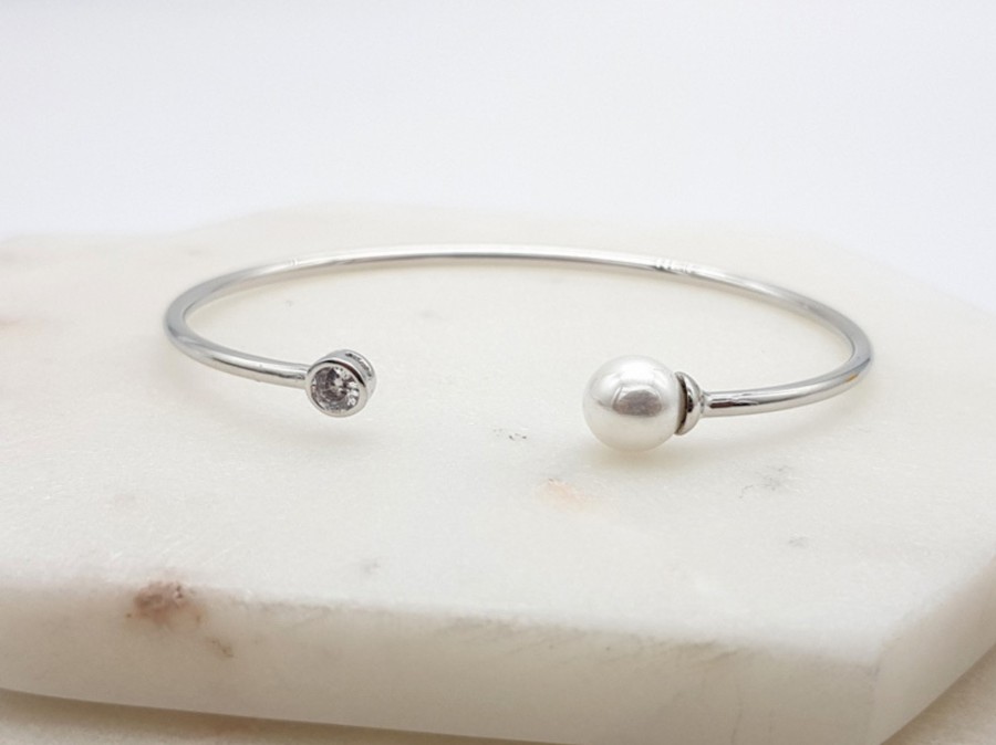 The White Collection Olivia - Simple Pearl & Crystal Bridal Bangle Bracelet Pearl