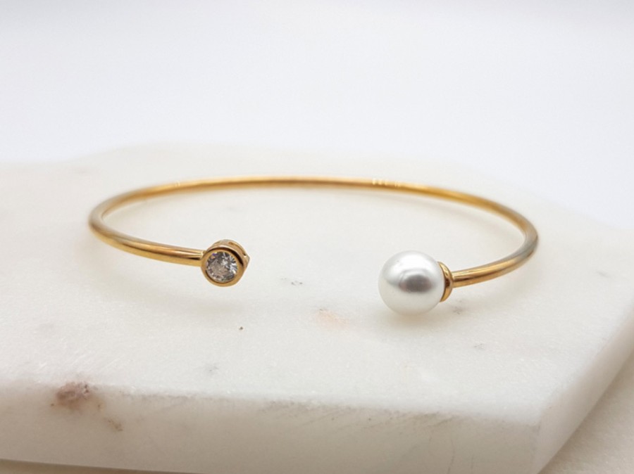 The White Collection Olivia - Simple Pearl & Crystal Bridal Bangle Bracelet Pearl