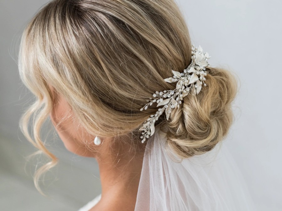 The White Collection Amelia - Statement Leaf Crystal Pearl Bridal Comb Rose Gold