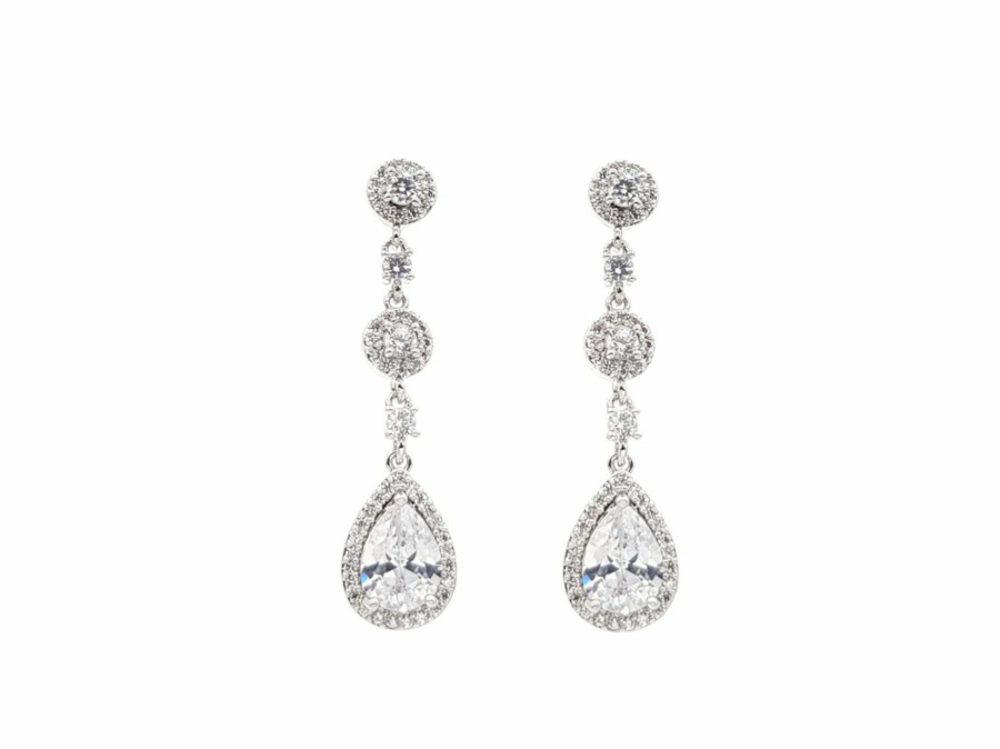 The White Collection Lydia - Long Bridal Crystal Drop Earrings Silver