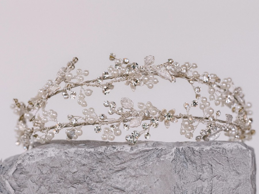 Windsor Bridal Arlo - Floral Crystal & Pearl Bridal Double Headband Silver