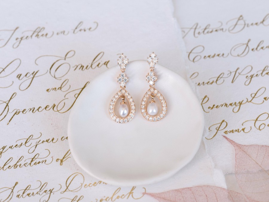 The White Collection Louise - Pearl Crystal Elegant Bridal Drop Earrings Rose Gold