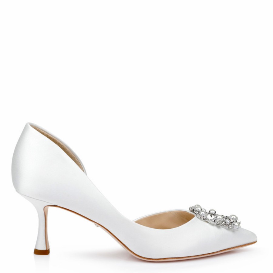 Badgley Mischka Fabia - D'Orsay Kitten Heel With Pearl & Crystal Buckle - Soft White Mid Heel