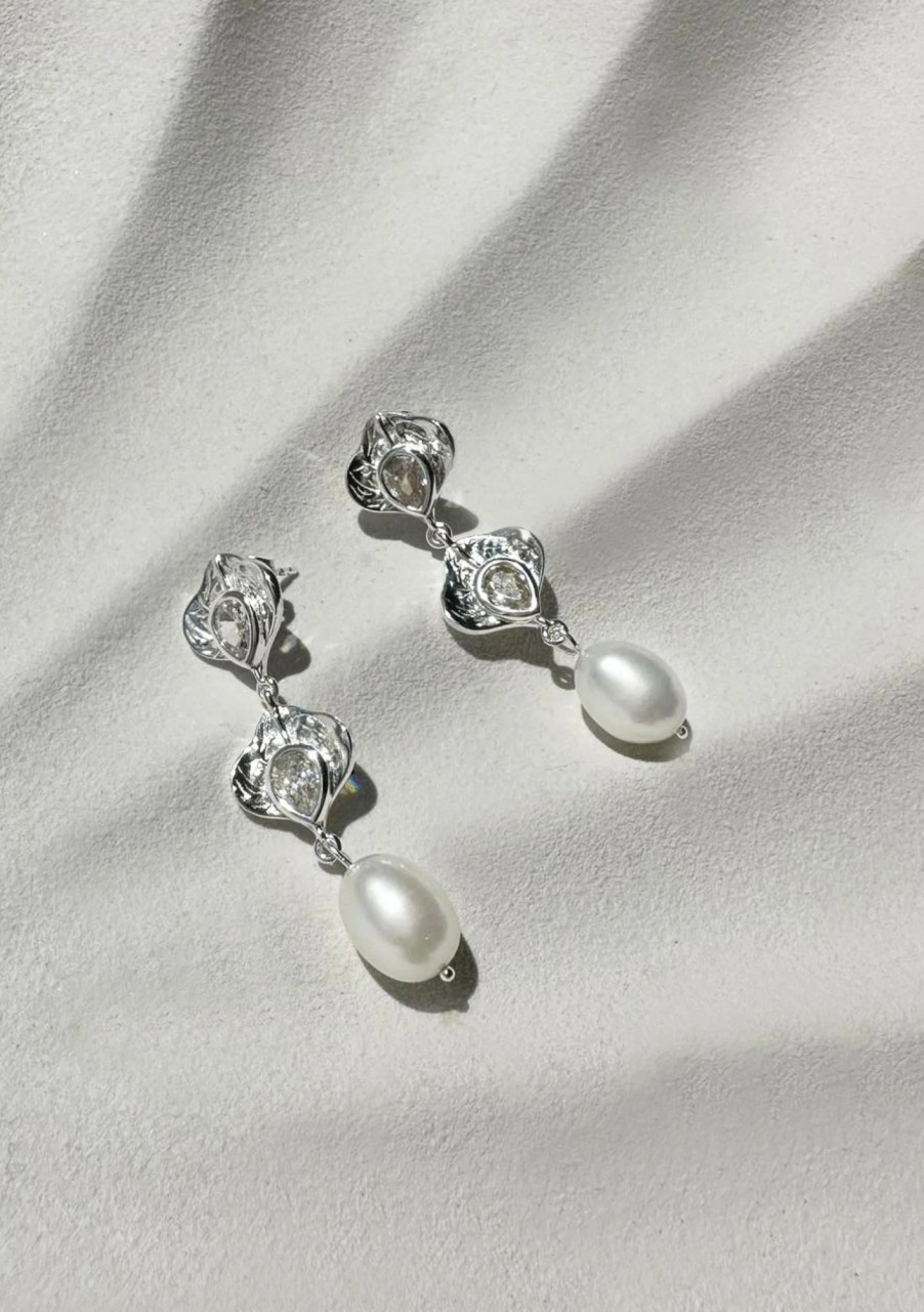 Lola Knight Lola Knight - Juliette - Pearl & Crystal Petal Shape Drop Earrings - Silver Earrings