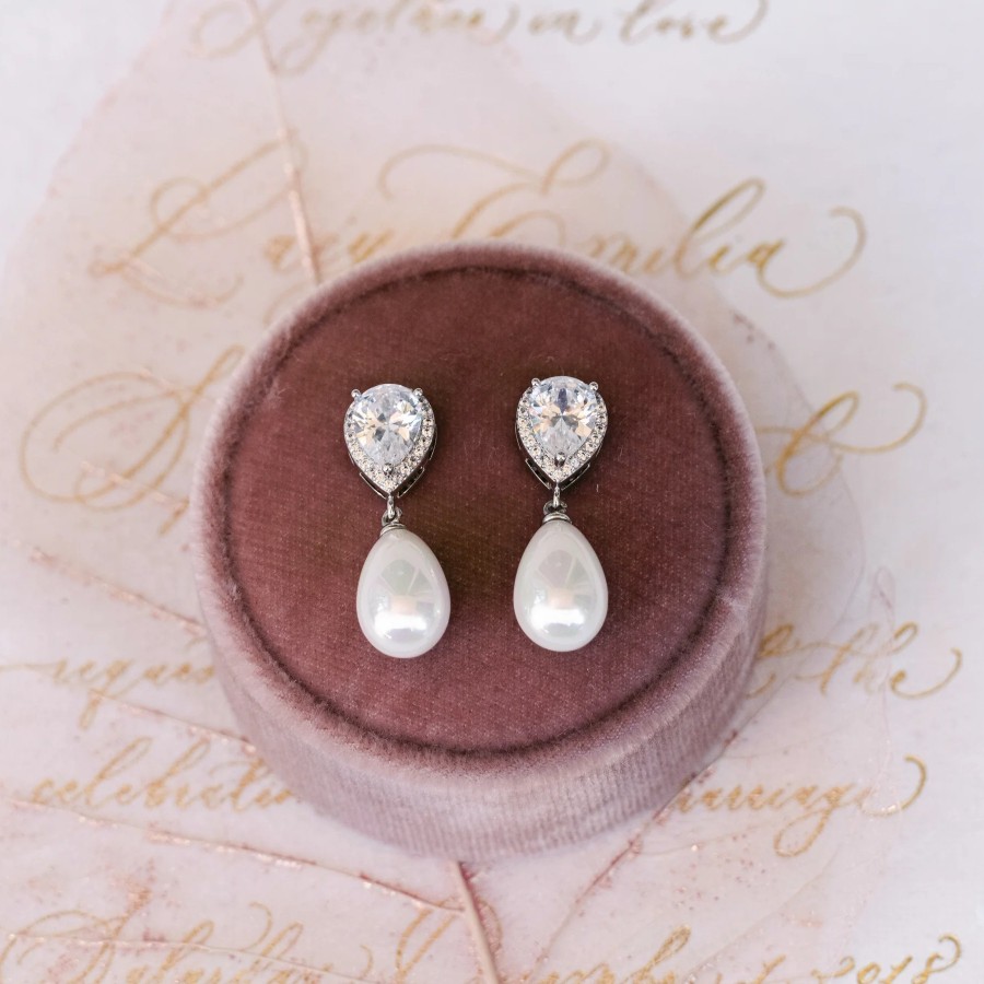 The White Collection Sara - Classic Bridal Crystal Pearl Earrings Rose Gold